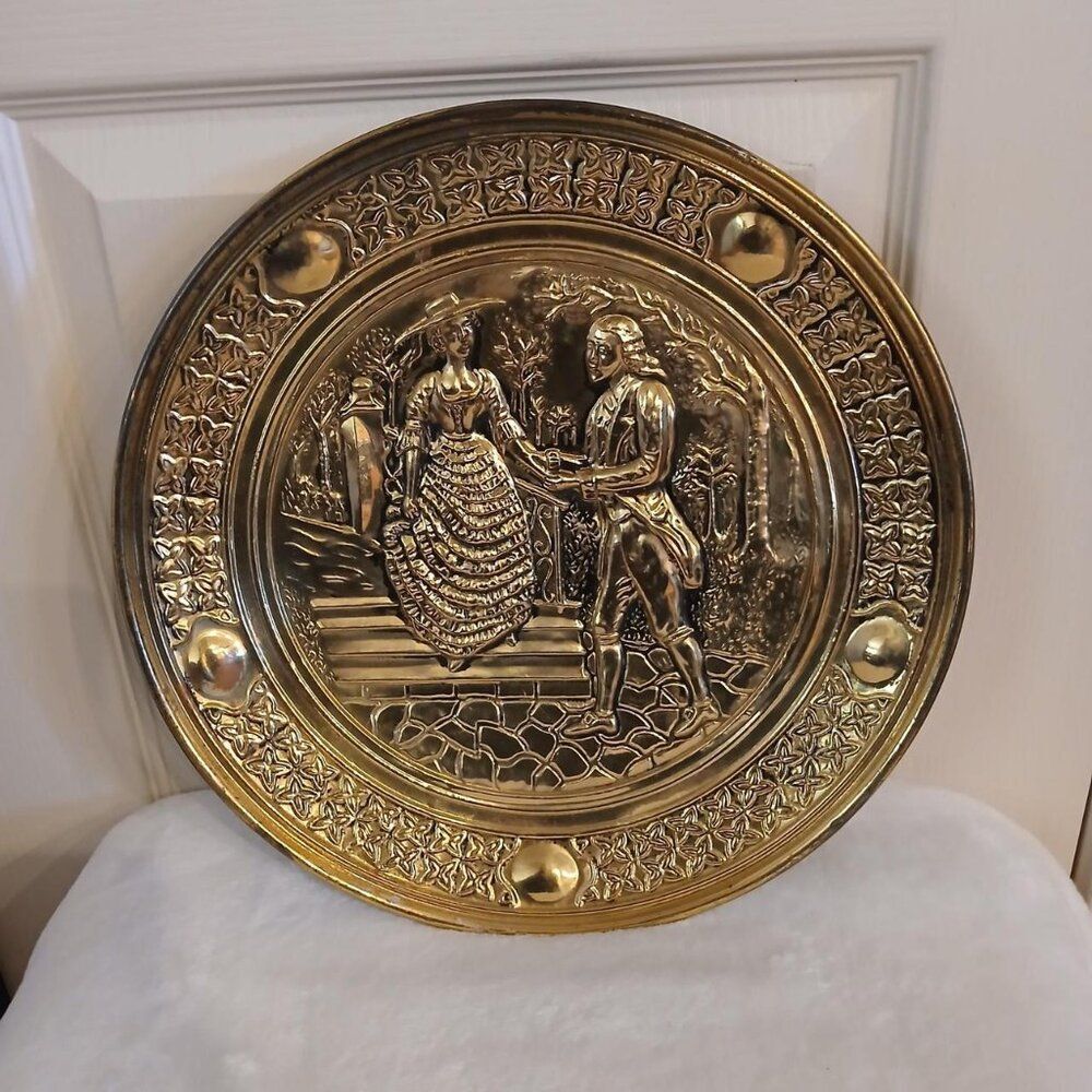 Vintage MCM Brass "Amazing Courting" Romance Hanging Plate Decor 14" England